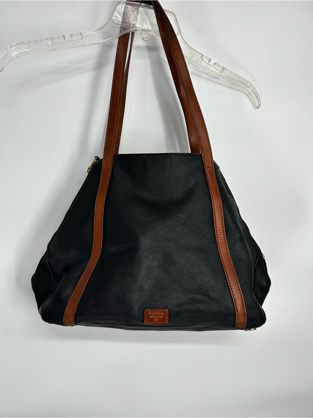 Fossil SHB1289 Large Black Tote Brown Leather Trim Shoulder Bag Work Purse